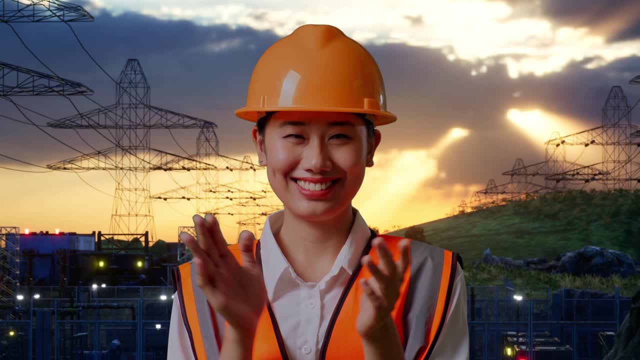 Close Up Of Asian Female Engineer With Safety Helmet Smiling And Clapping Her Hands While Standing Near High Voltage Tower