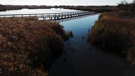 Aerial-revealing-shot-of-a-bridge-crossing-the-Passerelle-étang-in-Candillargues