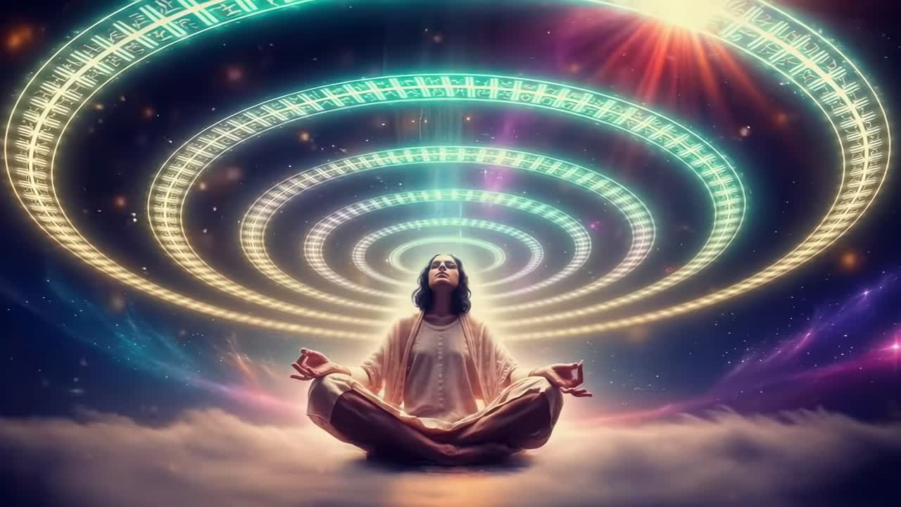 Una figura meditativa sotto spirali luminose, vista da una bassa angolazione, evoca un'atmosfera video cosmica
