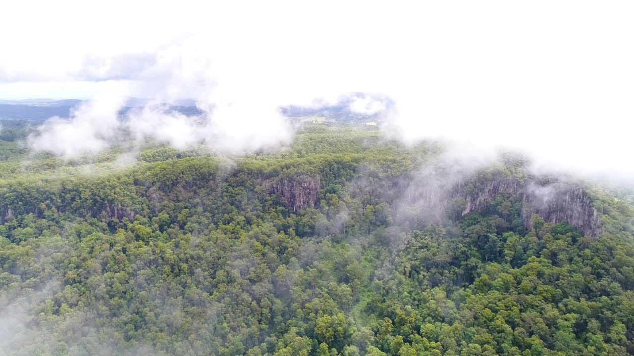 숲에서 돋아난 암석을 내려다보며 구름을 뚫고 날아간다