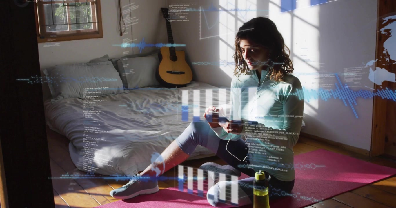 Woman plugging earphones into smartphone and tapping screen activating data charts tracking fitness