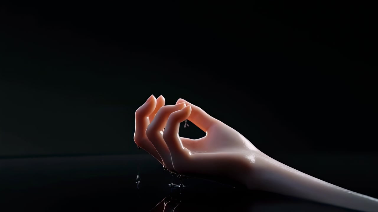 Glossy pale handlike organic form rises from reflective black surface with fingerlike protrusions, soft pink tint, subtle sheen, and dramatic dark contrast for sleek abstract visual appeal
