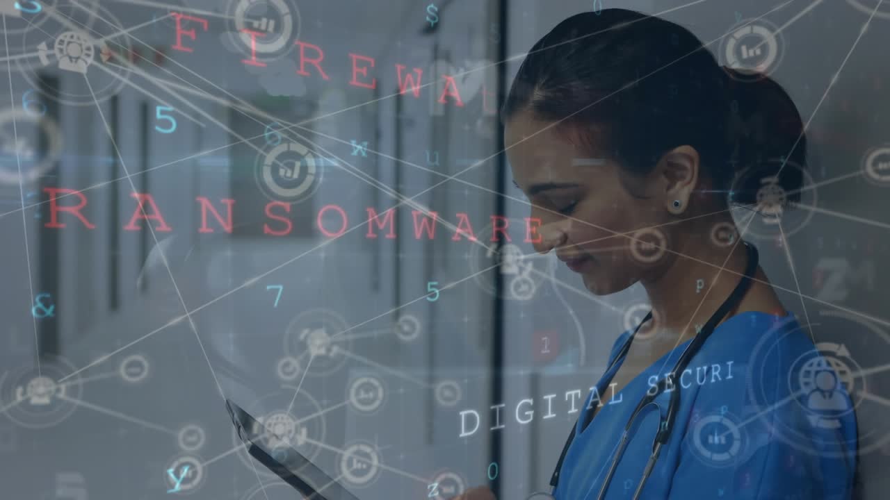 Animation d’icônes reliées par des lignes, des lettres et des chiffres, femme médecin caucasienne utilisant une tablette