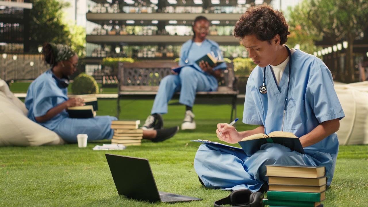 Studente di medicina che prende appunti da un libro di testo aperto accanto a un laptop