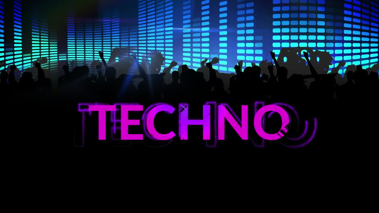 animación de texto techno sobre siluetas de personas bailando
