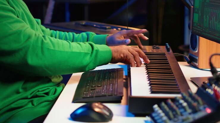 Afroamerikkalainen ääniteknikko käyttää pianosyntetisaattorin koskettimia tehosteiden lisäämiseen