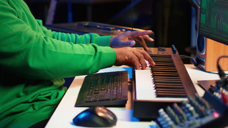 African-american-audio-technician-using-piano-synthesizer-keys-to-add-effects