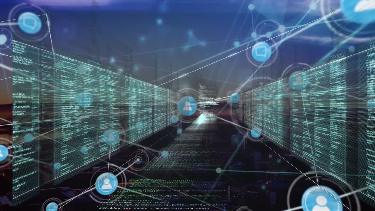Animation of network of connections with icons over data processing
