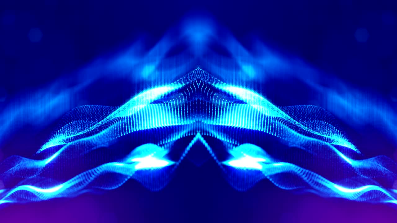 Particles form line, surface grid or mysterious virtual space. 3d seamless animation as digital science fiction background of glowing particles with depth of field, bokeh. Blue strings 14