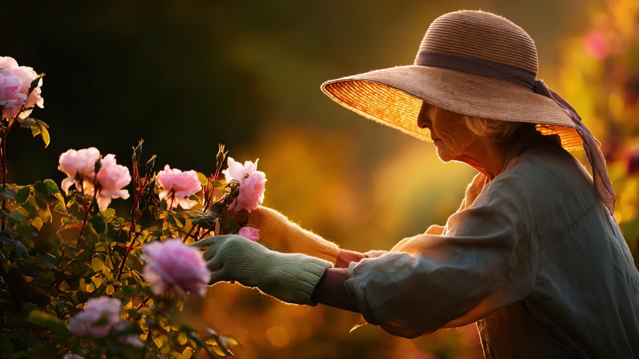 A Dedicated Gardener Tending to Pink Roses in the Warm Glow of Sunset, Capturing the Tranquility and Beauty of Nature with Gentle Touch and Careful Attention to Detail