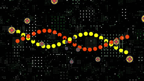 animación de una cadena de adn sobre iconos médicos sobre un fondo negro