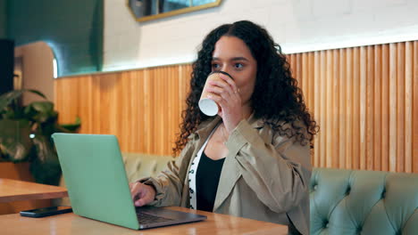 woman, remote work and drink in coffee shop