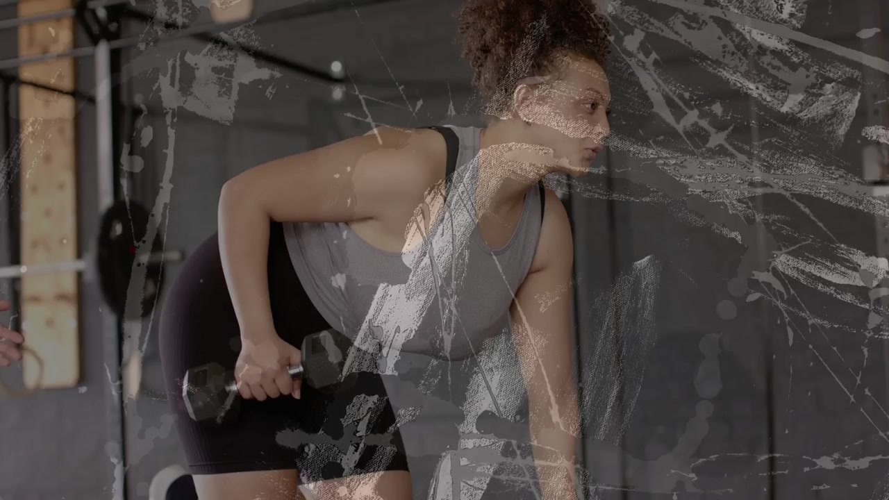 Woman grabbing dumbbell on bench, rowing for fitness while coach fixing form, overlay obscuring