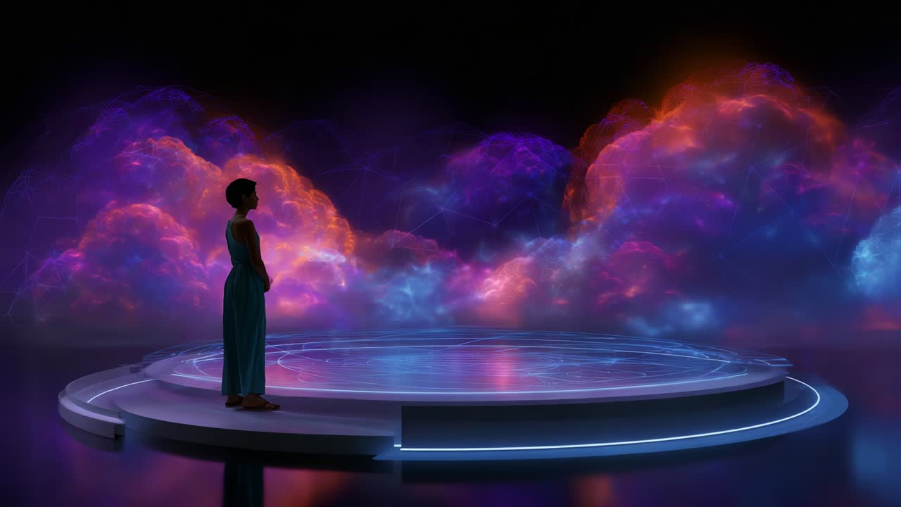 A contemplative figure stands on a glowing circular platform, surrounded by a breathtaking display of colorful, ethereal clouds that blend shades of orange, purple, and blue, creating a serene, dreamlike atmosphere