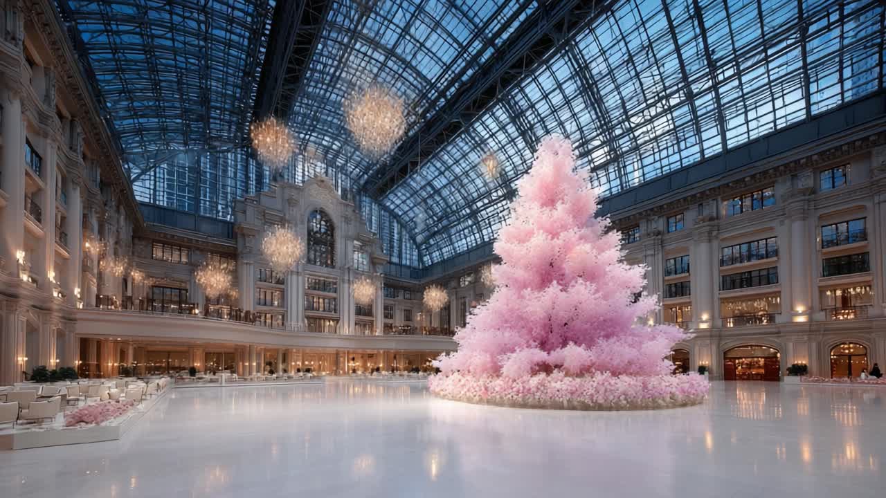 A Magnificent Display of an Enchanting Pink Tree in a Grand Hall, Under a Beautifully Arched Glass Ceiling Enhanced by Elegant Chandeliers and Soft Lighting