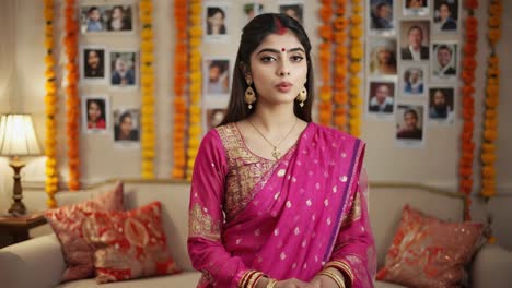 young indian woman in pink sari and gold jewelry communicating confidently, standing inside ornate interior with traditional family photographs and floral garlands