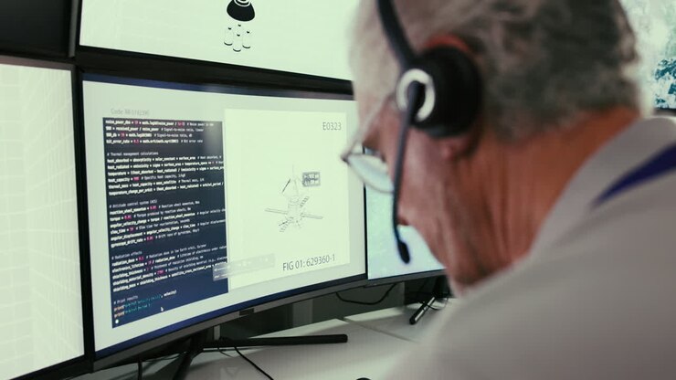 En mand arbejder på en computer på et kontor, med kode på skærmen.