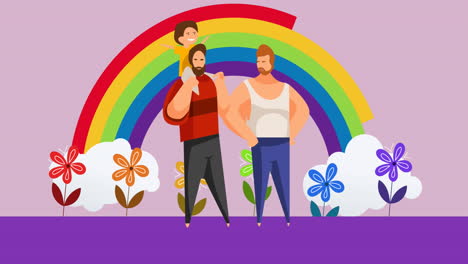 animación de una pareja gay con un niño sobre un arco iris sobre un fondo púrpura.