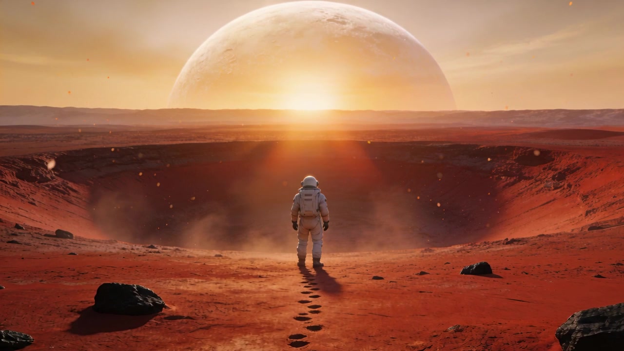 Astronauta in tuta che cammina dirigendosi verso la pianura rossa sul bordo del cratere, lasciando una scia, osservando il sole vicino al pianeta.