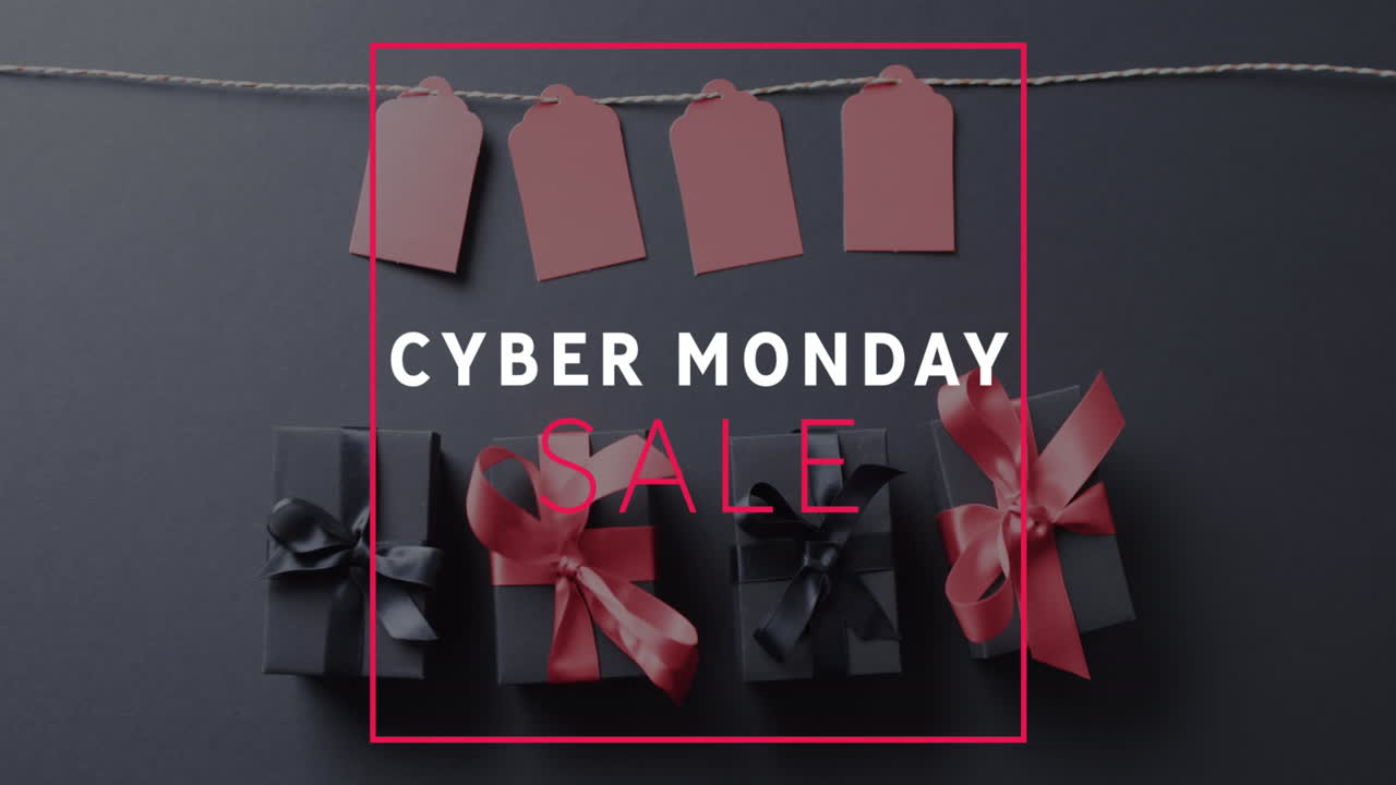 animazione del testo di vendita di cyber monday su etichette regalo e scatole su sfondo nero