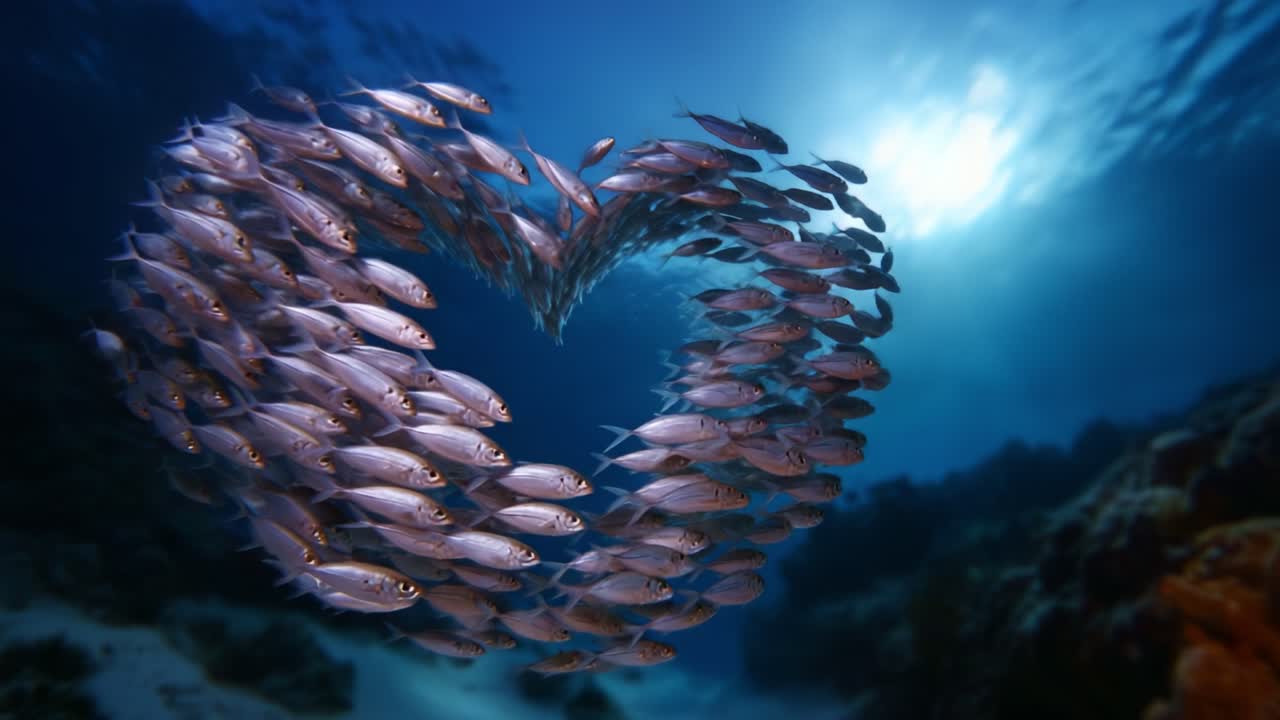 A Heart-Shaped School of Fish Swimming Gracefully Underwater, Illuminated by Sunbeams in a Vibrant Marine Environment, Showcasing Nature's Wonders and Harmony