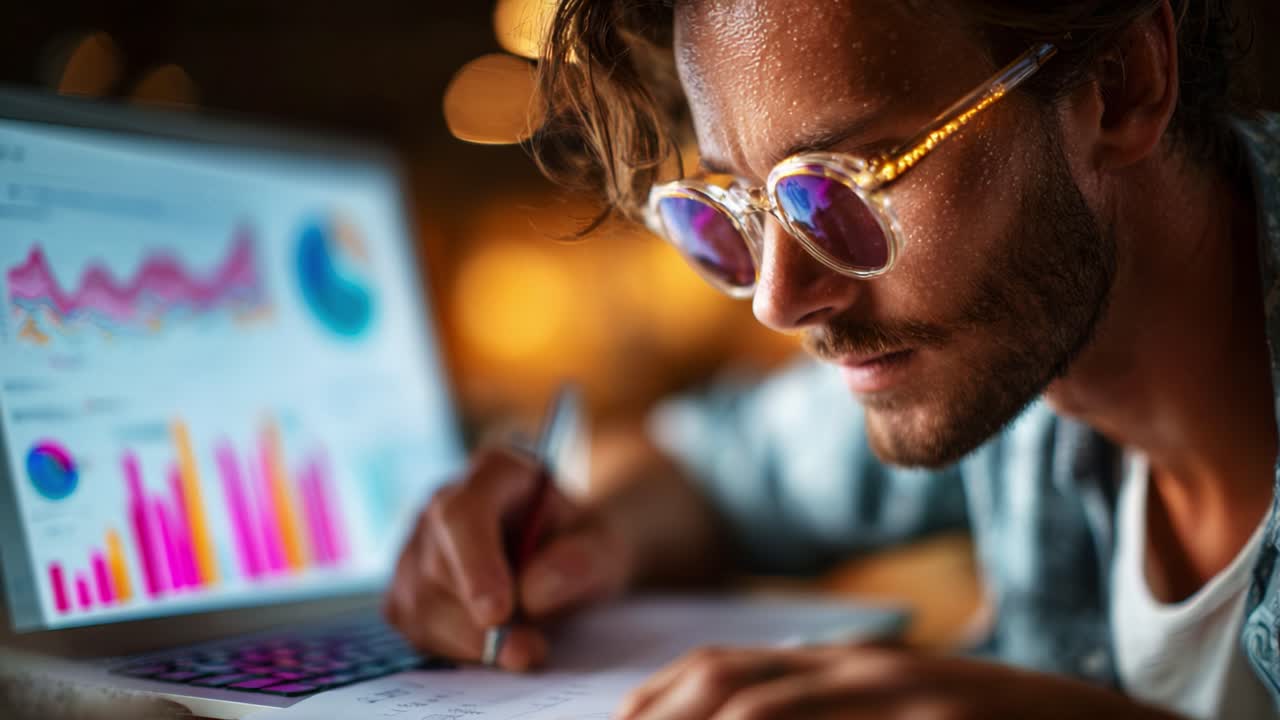 A Focused Individual Analyzing Data and Trends on a Laptop While Taking Notes, Capturing the Essence of Passion for Work and Professional Growth in a Vibrant Environment