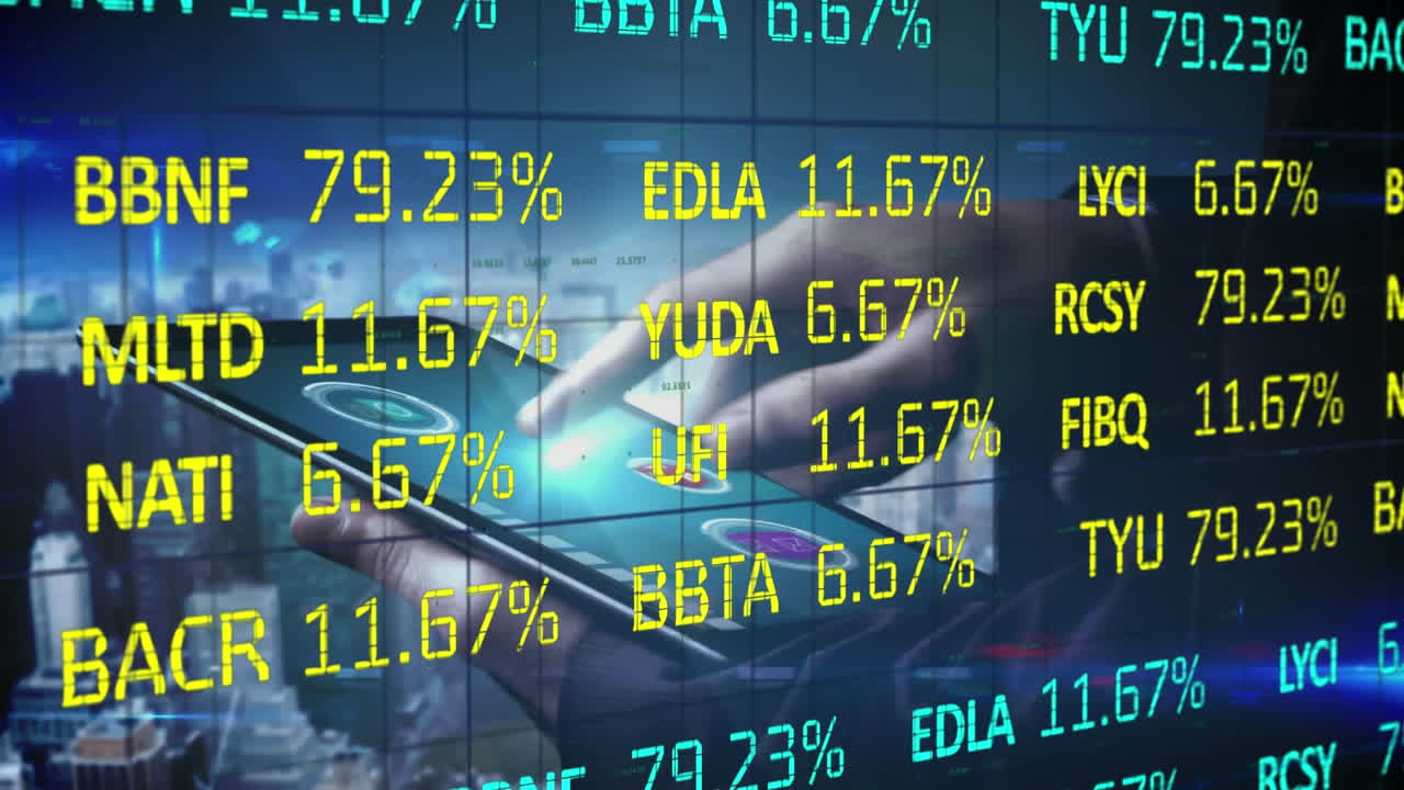 Stock market data processing against person using digital tablet
