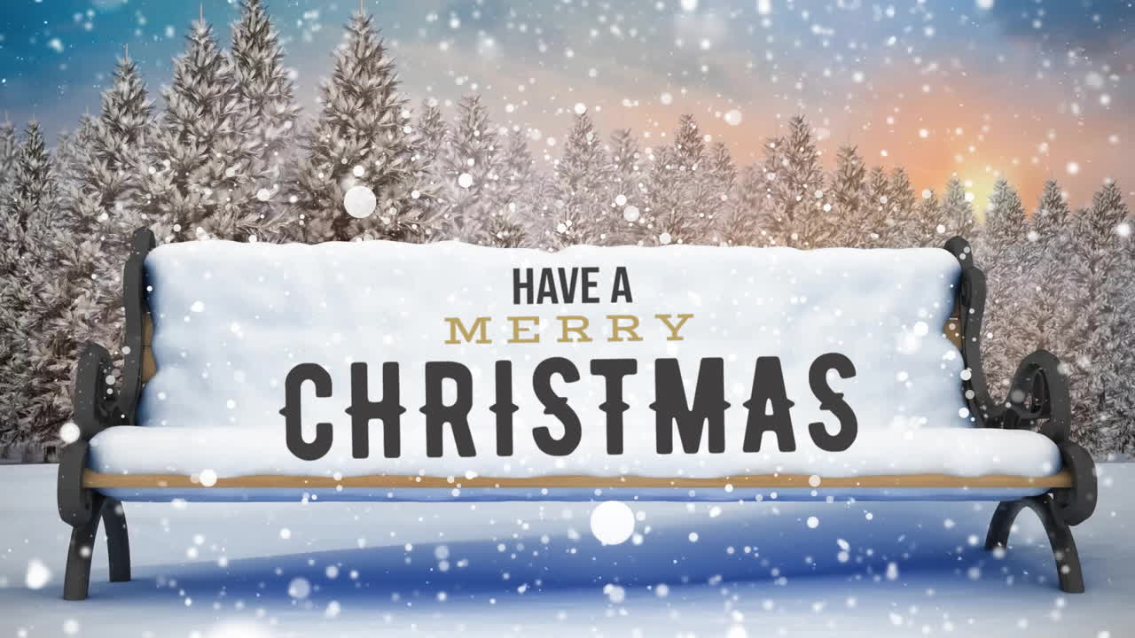 크리스마스 축하 텍스트와 겨울 풍경에서 벤치 위에 내리는 눈의 애니메이션