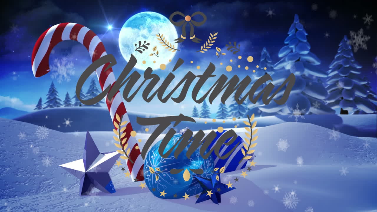 눈이 내리는 애니메이션과 크리스마스 시간 텍스트 크리스마스 장식과 겨울 풍경