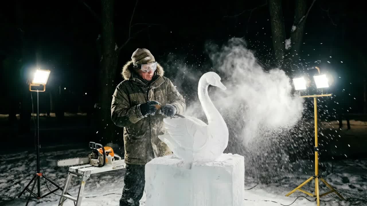 Ice Sculptor Carving Swan at Night