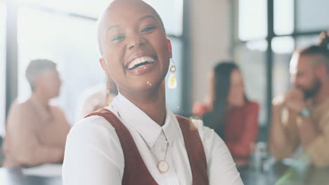 black woman, face and smile in office