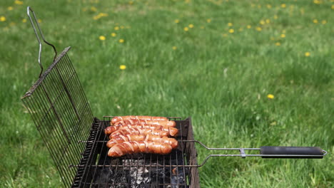 juicy sausages frying on the grill. sausages with tasting crust. barbecue cooking.