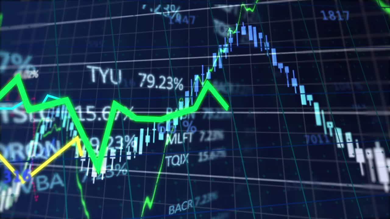 Animazione dell'elaborazione di dati statistici e finanziari su sfondo blu.
