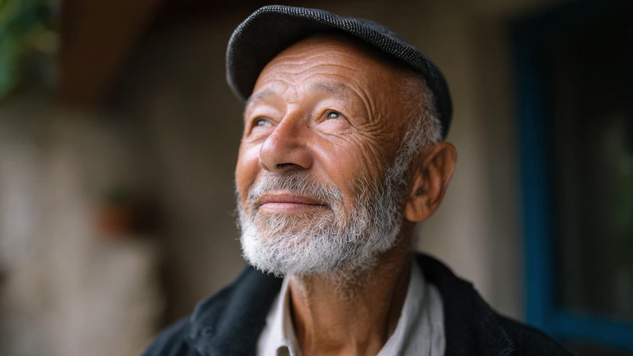 Un anziano riflessivo guarda pensieroso verso l'alto, incarnando saggezza e serenità, con un sorriso gentile e un atteggiamento cordiale sotto una luce naturale soffusa.