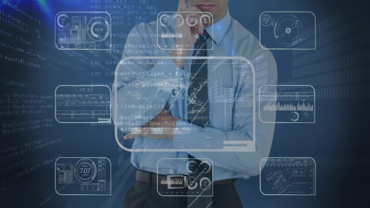 hombre de negocios reflexivo tocando la pantalla con código digital