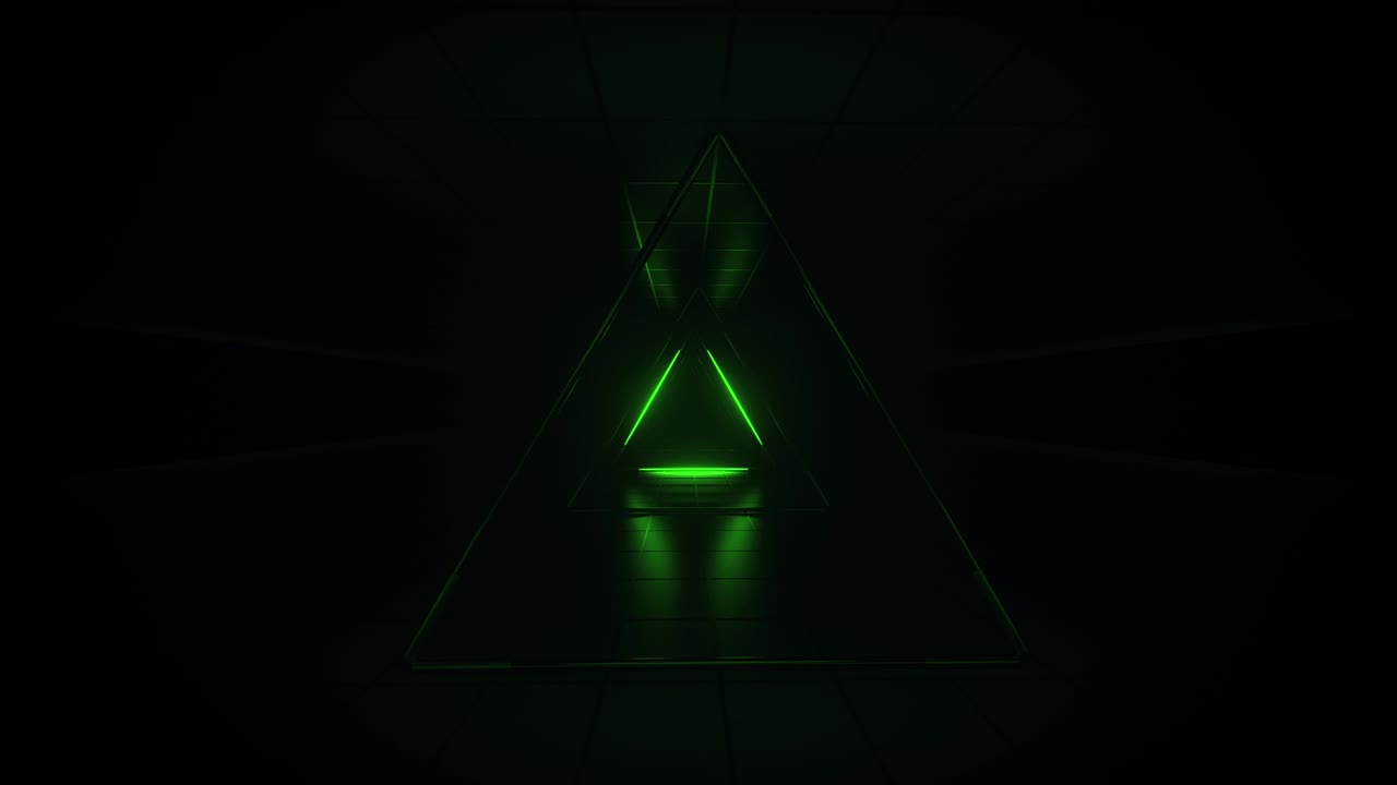 fondo futurista verde abstracto. espacio de tubos de luz de neón brillantes de astera en fondo negro. tecnología, concepto vj. vista interior del túnel desde un triángulo. lámpara led. animación de bucle 3d