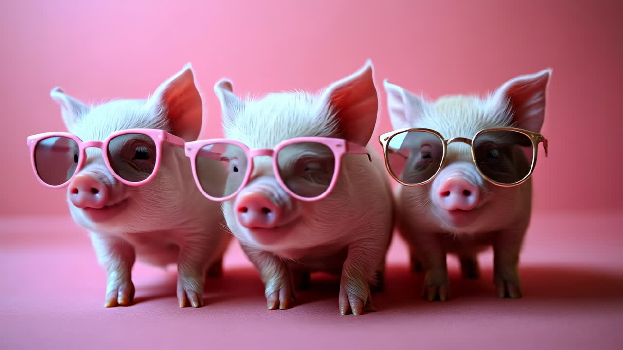 Sunglass-wearing pigs pose!. Three cute piglets wear stylish sunglasses and stand against a pink background, showcasing their playful personalities