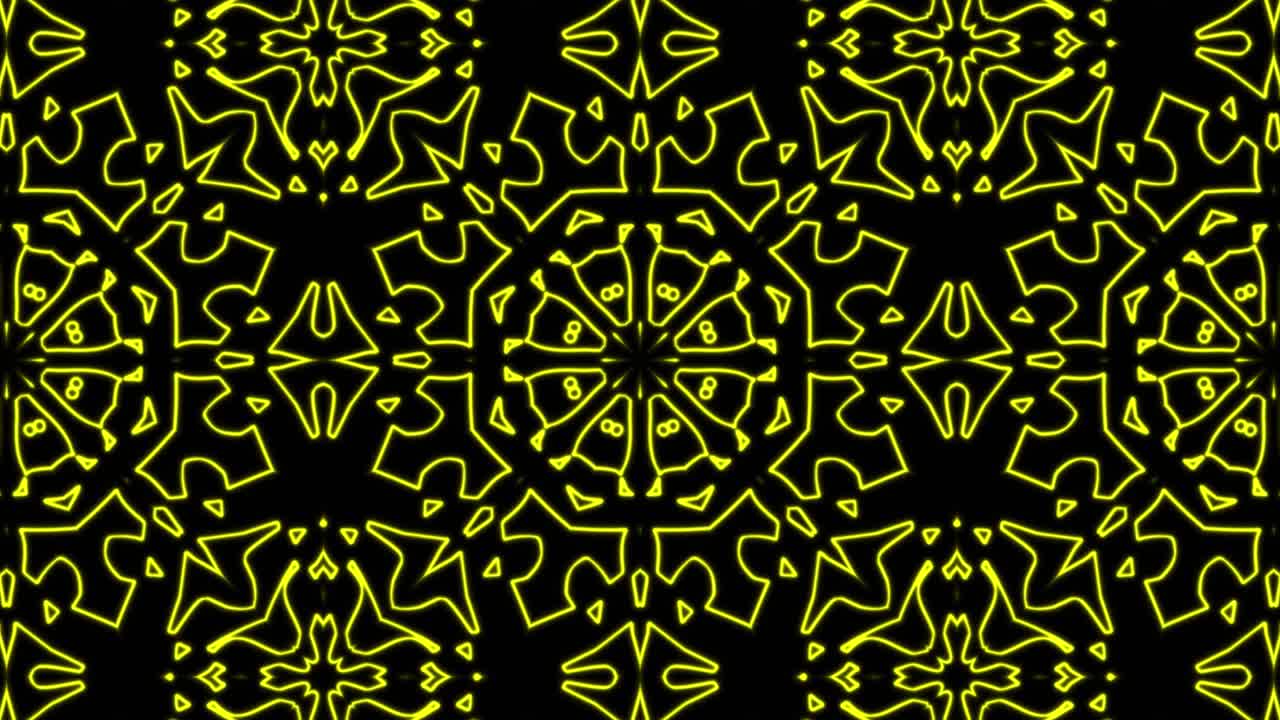 Abstract yellow geometric seamless pattern background. Abstract Stripes Kaleidoscope Loop. Fast Psychedelic Colorful Kaleidoscope VJ background. Disco Abstract Motion Background. Kaleidoscope effect