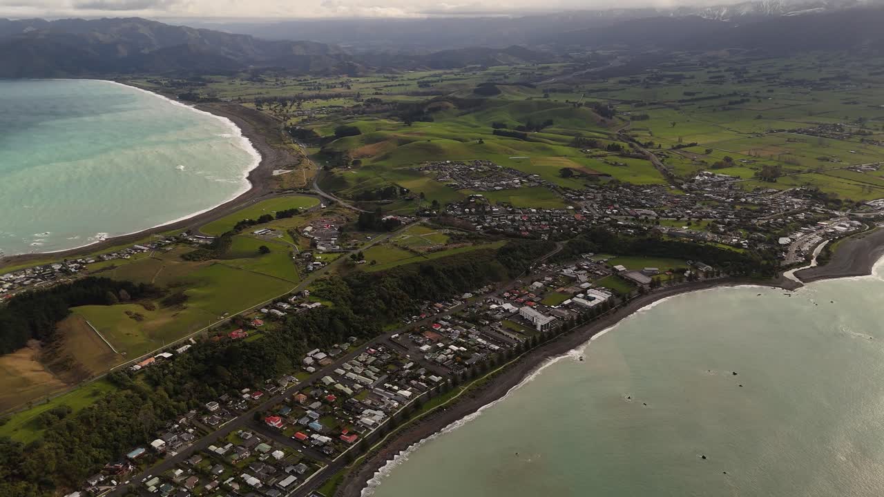 Kaikoura town, peninsula, coastal landscape, South Island, New Zealand. Aerial panning