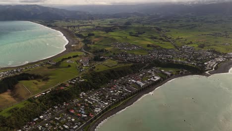 kaikoura town, peninsula, coastal landscape, south island, new zealand. aerial panning