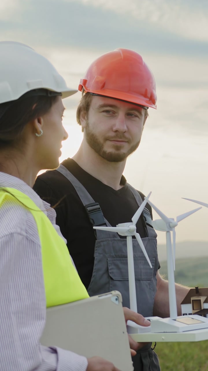 Engineers in hard hats and safety vests examine miniature wind turbines and discuss renewable energy