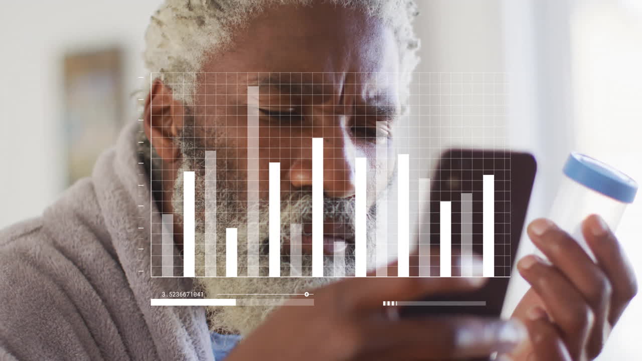 Analyzing medication bottle, elderly man reviewing data graph overlay in animation