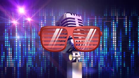 Animation-of-retro-microphone-in-glasses-over-glowing-spots-of-light
