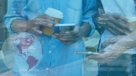 animation of man and woman using smartphones, globe and data processing.