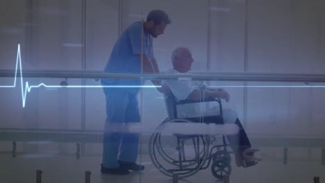 animation of life line over caucasian doctor with patient