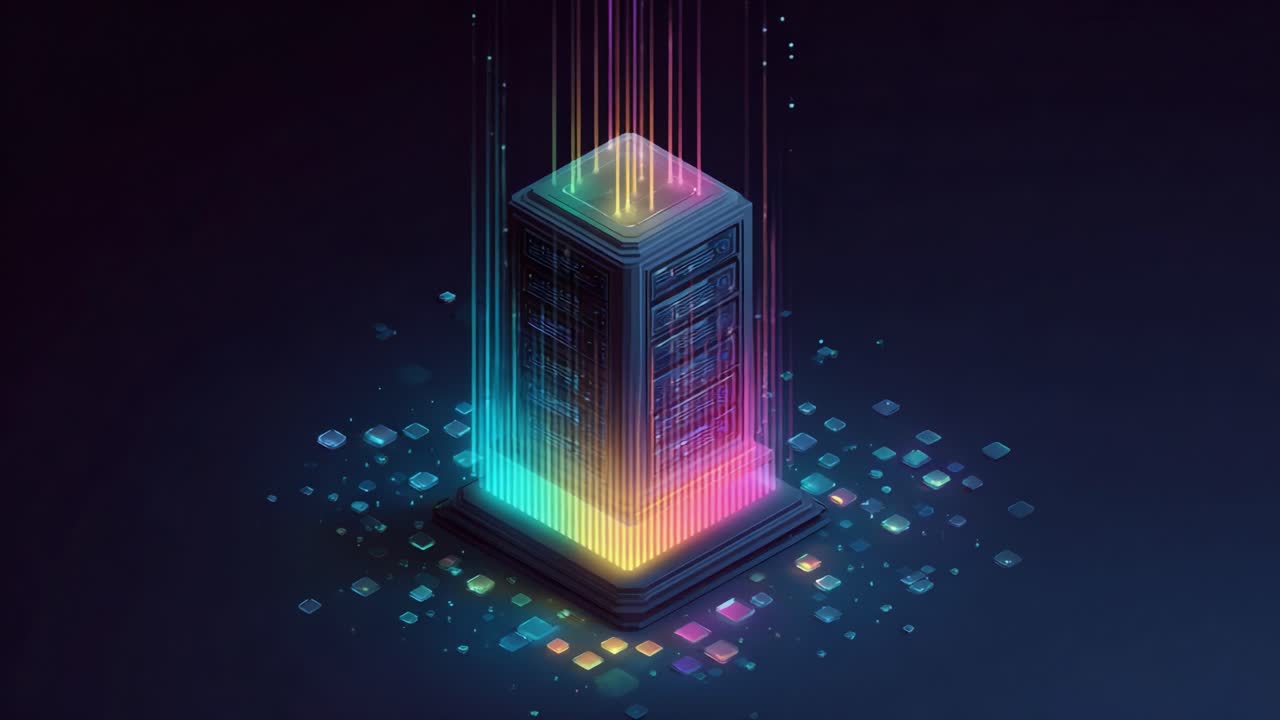 An Abstract Representation of a Towering Data Server Bathed in Vibrant Light Rays, Symbolizing the Power of Data Management and Digital Innovation in a Modern Tech Landscape