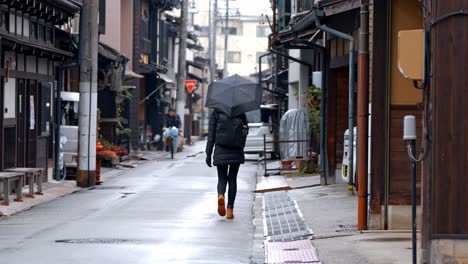 a woman strolls through the charming streets of takayama on a rainy day, her umbrella shielding her from the gentle drizzle.