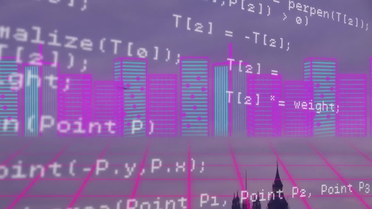 анимация обработки данных над городским пейзажем