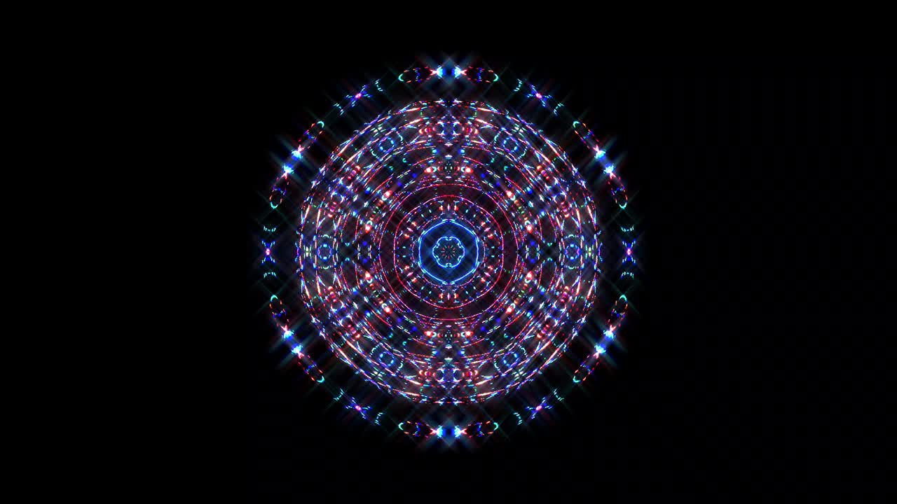 forma redonda animada de luces intermitentes multicolores, sobre un fondo negro