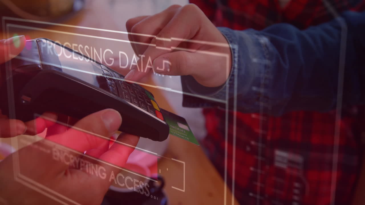 Animation of data processing over caucasian woman paying with credit card